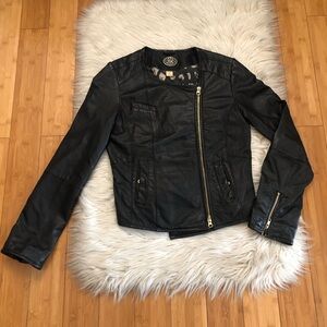Anthropologie Idra Leather Asymmetrical Zip Up Round Neck Black Moto Jacket M